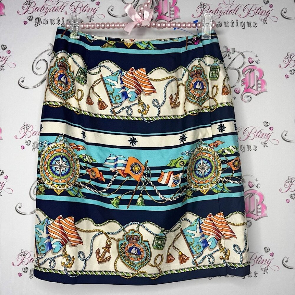 Talbots skirt silk nautical ocean water sailing striped wrap skirt blue cream